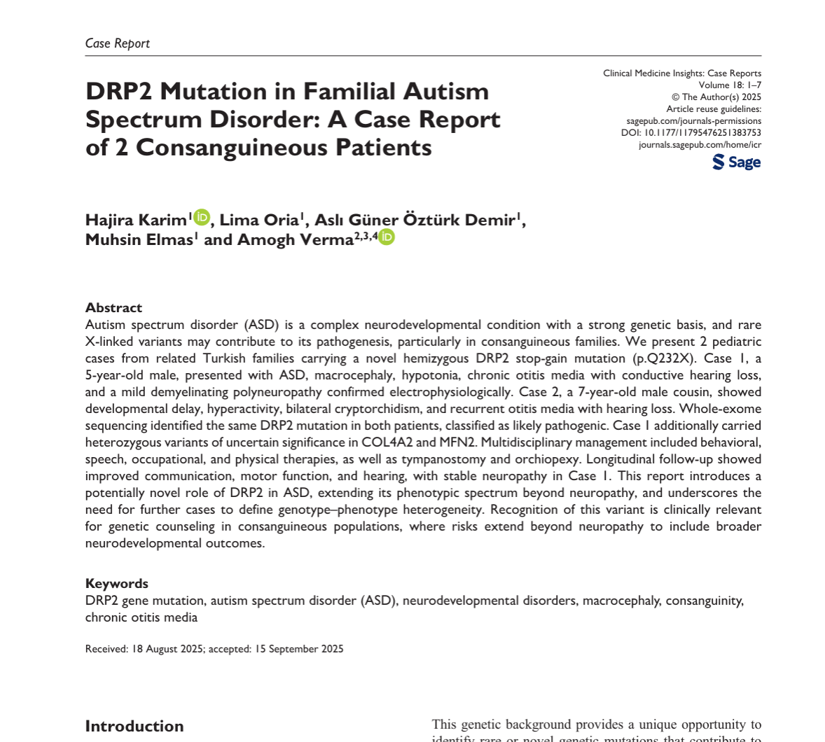 DRP2 Mutation in Familial Autism Spectrum Disorder: A Case Report of 2 Consanguineous Patients